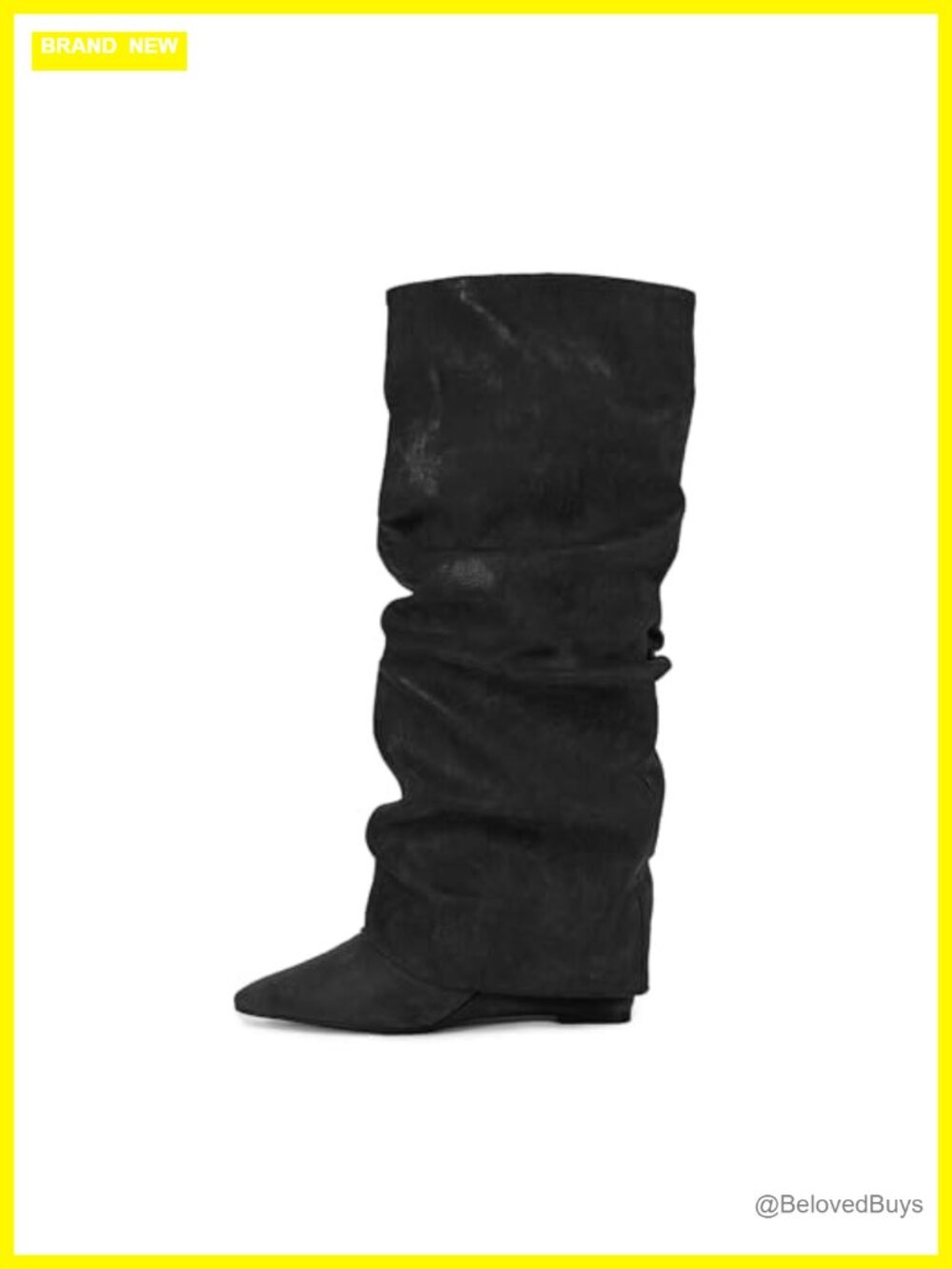 Knee High Boots Pointed Toe Fold Over Pleated Slip-On Wedge Heels Wide Calf